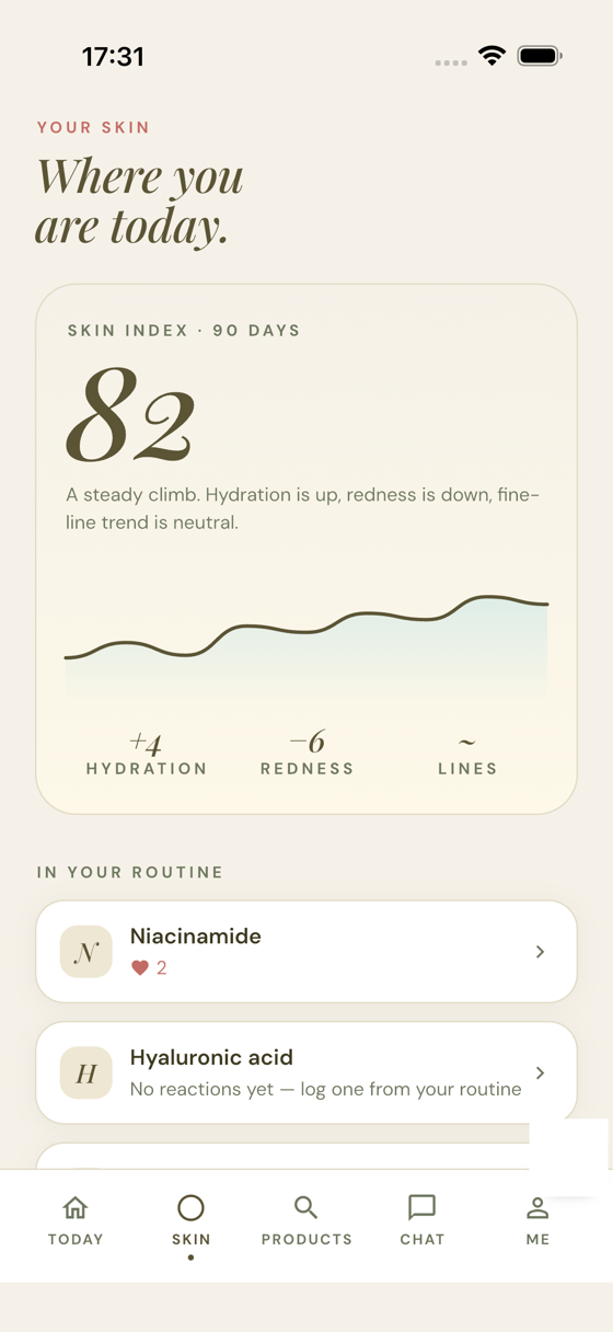 Amorie My Skin — Skin Index and the ingredients tracked in your routine